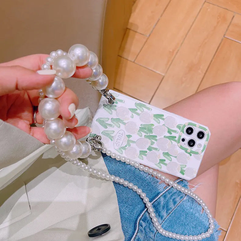 手作り【iPhone 全機種対応】ハードケース パール ストラップ クリア